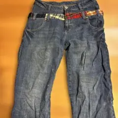 ダークブルーデニムパンツ チェック柄ウエストバンドレディース