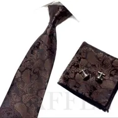 【豪華3点セット】ネクタイ•チーフ•カフス 黒 茶色 ペイズリー