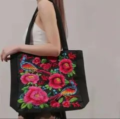 刺繍トートバッグ 花柄 新品未使用 エスニック 薔薇 鳥 ピンクトートバッグ 赤