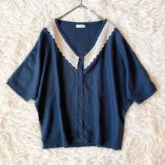 ペーベーイー 五分袖 ニット カーディガン（LL）ネイビー ゆったり レース襟