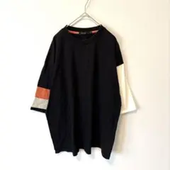 ニコアンド アシンメトリー切り替え 袖ボーダー オーバーサイズカットソー L 黒