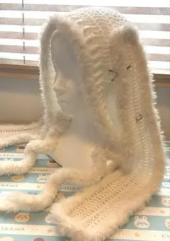 ホワイトウサ耳フード付き帽子