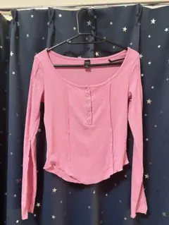 ピンクリブ編み長袖トップス