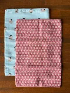 ペンギン・麻の葉模様 ガーゼ100 % タオル 手ぬぐい 2枚セット 未使用品