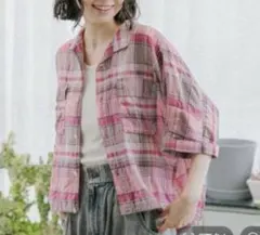 ニコアンド　リネン混サッカーチェックシャツ　L