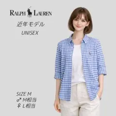 良品　ラルフローレン　カラーポニー刺繍　ギンガムチェック　半袖 シャツ　青　Ｌ