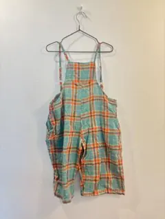 水色とオレンジのチェックオーバーオール 100cm~