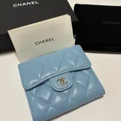 【極美品】CHANEL マトラッセ　三つ折り財布　キャビアスキン　青 キャビアスキン シャネル （CHANEL） マトラッセ スモール