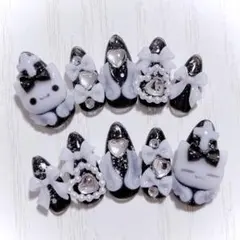 No.444　ネイルチップ 現品 量産型 地雷系 サブカル 平成女児 猫 白 黒