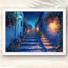 A4 星降る丘の街と灯りに照らされた石畳の階段 風景画アート インテリアポスター