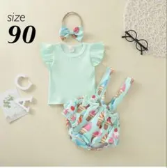 90cm｜キッズ セットアップ 3点セット ミント アイス柄 夏服 新品