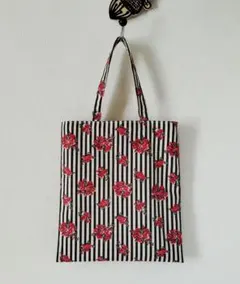 ペタンコトートミニトートバッグマチなし　ローズストライプ赤バラブーケハンドメイド