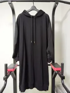 ブラック フード付きロングスリーブパーカー　ワンピース　チュニック