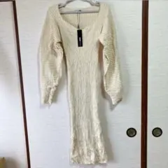 1点限り☆レディース 長袖ワンピース 【XL】 クリーム色 リブ素材 細見え