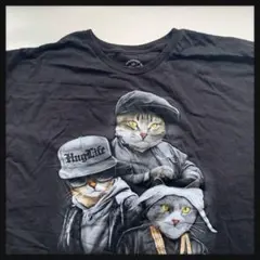ラップT風 プリントtシャツ ネコ ヒップホップ ハグライフ ブラック黒3XL