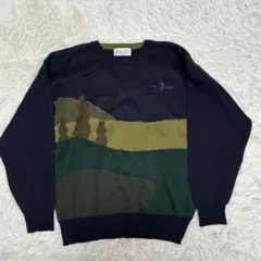 POLO SPIRIT 絵画調 インターシャニット セーター ゴルフ 総柄 紺色のサムネイル