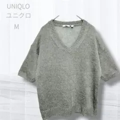 ユニクロ 100%リネン Vネックセーター 半袖 カーキ M 涼しい 透け感