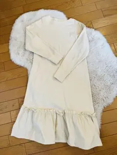 BEAMS★140ワンピースオフ白オワイト異素材薄ベージュフリル長袖コットン綿