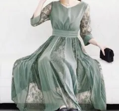niana ニアナ パーティドレス 花柄 レース プリーツ ワンピース 緑のサムネイル