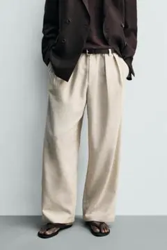 ZARA リラックスフィットプリーツパンツ 38 新品 ベージュ ワイド
