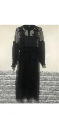ブラック レース装飾 長袖マキシドレス M〜Lサイズ