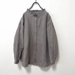 3663【美品】45R ノーカラーシャツ ブラウス コットン 七分袖 ブラウン 