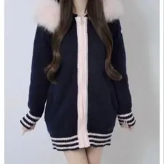 Lumignon Big Fur knit hoodie ネイビー×ピンク - メルカリ