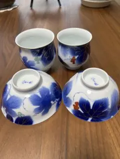 深川製磁　染錦葡萄　夫婦茶碗と湯呑み