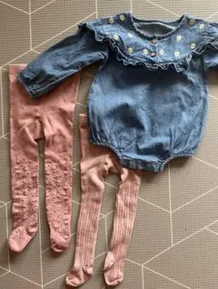 韓国服デニムロンパース&【未使用】タイツセット