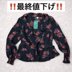 黒　ブラック　バラ　H&M 花柄　長袖　シャツ　トップス