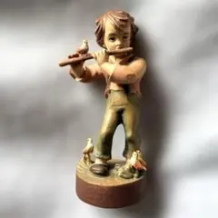 JOBIN スイス製 木彫り人形 笛を吹く少年 小鳥　ヴィンテージ 置物