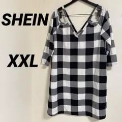 SHEIN【XXL】チェック柄 オフショルVネック ミニワンピース モノトーン