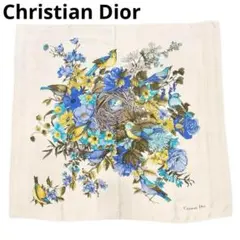 【美品】クリスチャンディオール スカーフ 花×鳥柄 シルク アイボリー系4Q6
