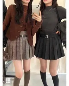 GRL インパン裏地・ベルト付き千鳥柄プリーツミニスカート[at2593]