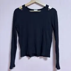 リブ編みオフショルダー長袖トップス ブラック