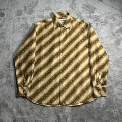 80s VINTAGE シルクストライプオンブレ総柄シャツ 茶色