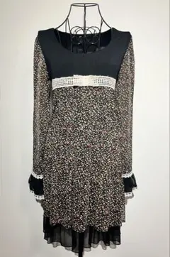 レディース 膝丈 小花柄 レース フリルワンピース ガーリー