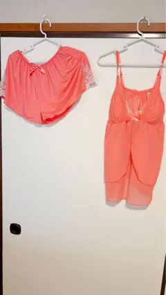 コーラルピンク レース付きルームウェアセット