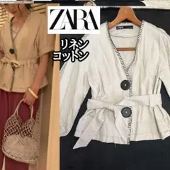 金属デカボタン【ZARA】パイピングノーカラージャケット*ウエストリボン*リネン