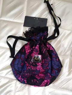 新品 タグ付き ANNA SUI 猫 フリル レース サテン 巾着ポーチ