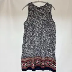 韓国製 ノースリーブ 幾何学柄 ワンピース Ｍ 青 紺 ポリエステル 夏服