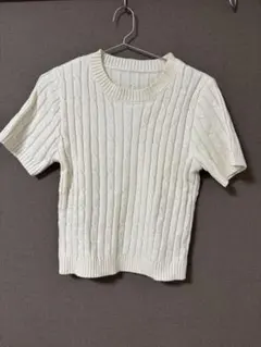 レディース ホワイト 半袖ニット リブ編み