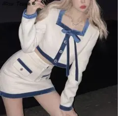 値下げ中　韓国　ファッション　セットアップ　M　ツイード　リボンタイ　ホワイト