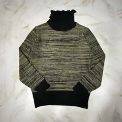 フリルネック 配色デザインニット グリーン×ブラック M