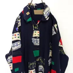 ポリシャツ 絵画 スカーフ柄 総柄 柄シャツ 90’s 古着 レトロ 昭和 長袖