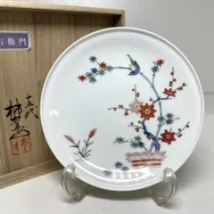 十五代　柿右衛門　梅竹鳥文　B 額皿　共箱　直径約15cm 東こ8-1009③