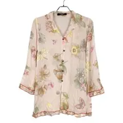 マカ138 レオナール 七分袖シャツ 花柄 ピンク シースルー シルク100%