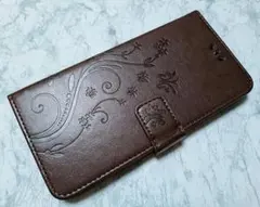 手帳型 iphone7plus/8plus ケース 草花 蝶 エンボス ブラウン