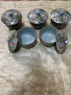 有田焼 石水 蓋付き湯呑み 汲出し碗 5客セット 色絵 金彩 昭和レトロ