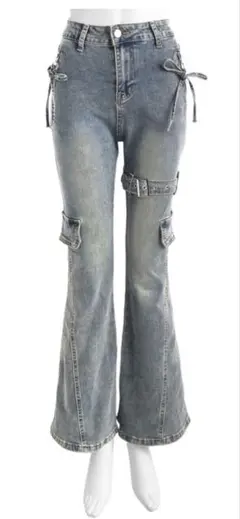 GRL サイドベルトリボンフレアデニムパンツ［ks131］